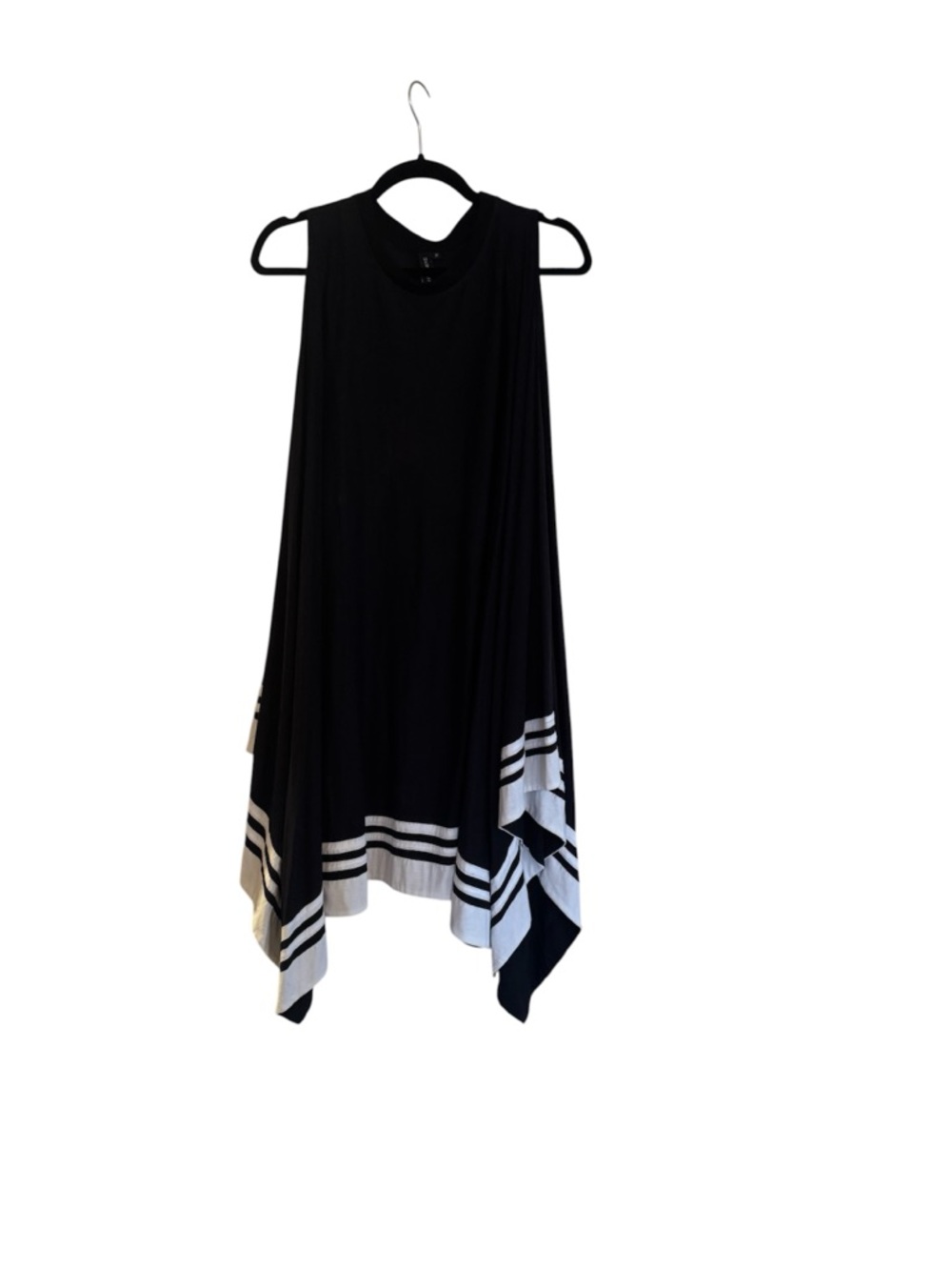 Skingraft Black Sleeveless Handkerchief-Hem Dress with White Stripe Trim